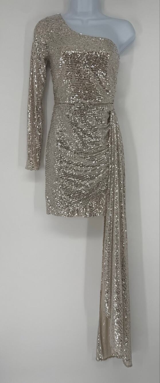 Windsor Silver Sequin One Shoulder Mini Dress Draped Train Size S NWT